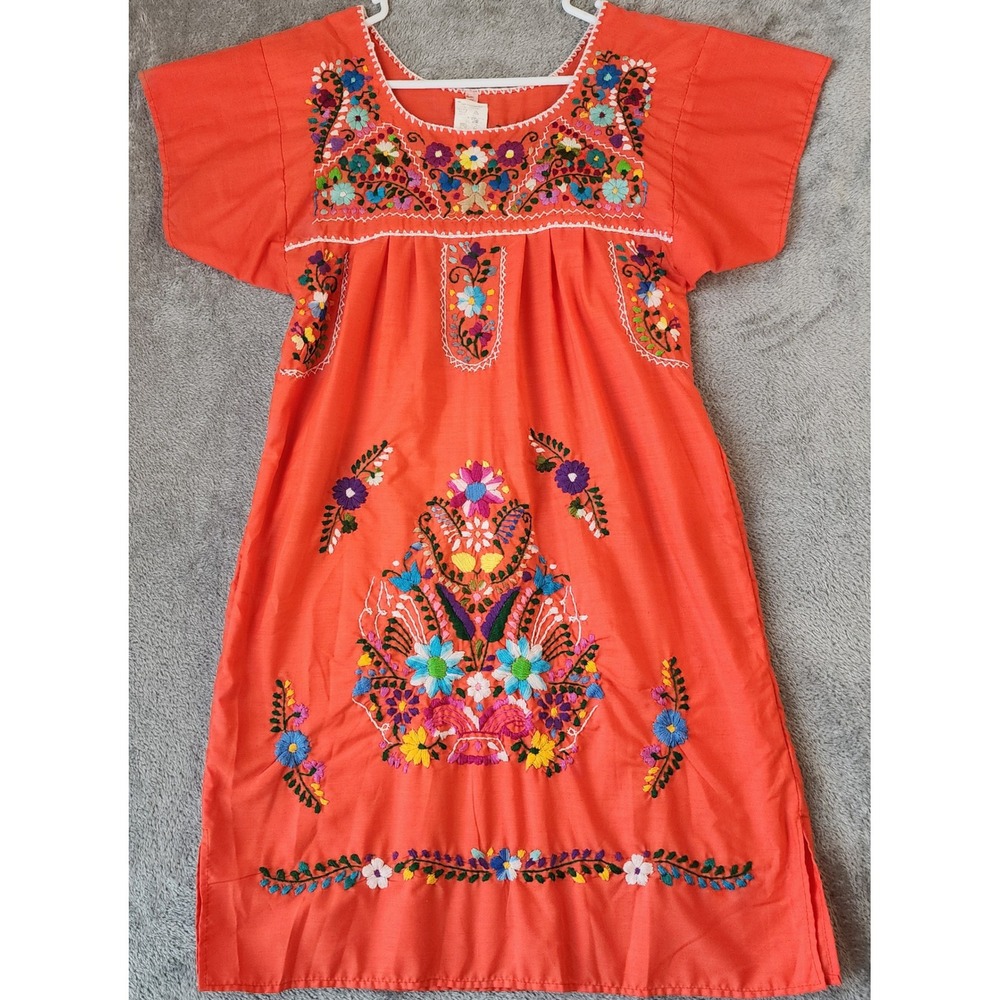 Artesanias Eco-Mex Dress Small Orange Floral Embroidered Mexican Puebla Boho